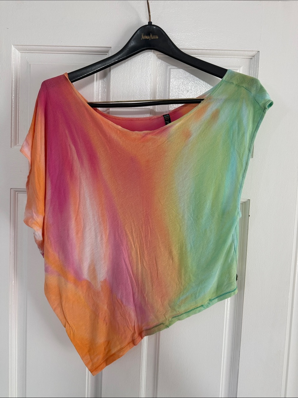 Brightly Twisted Pastel Watercolor Tie Dye Asymmetrical Off-Shoulder Top O/S